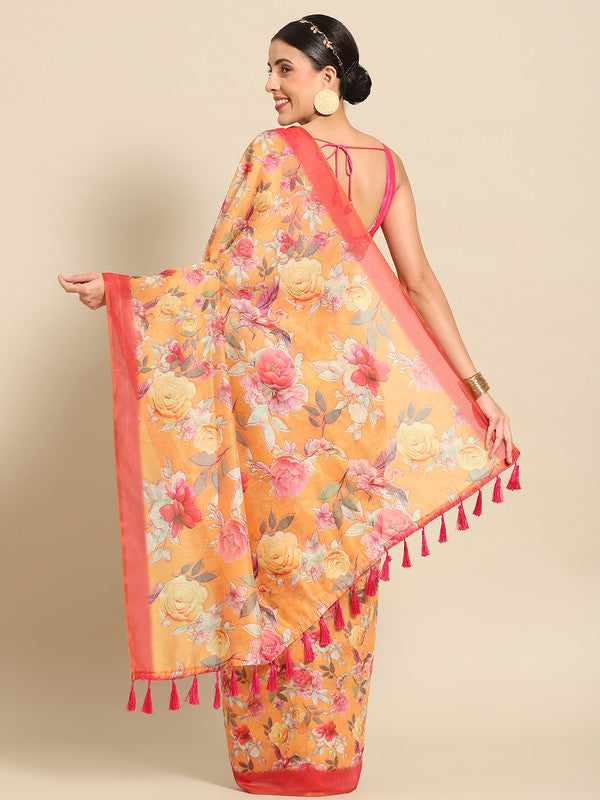 Orange Pure Cotton Printed Floral Saree with Unstitched Blouse - Hiral Fashion | Swadesiicart
