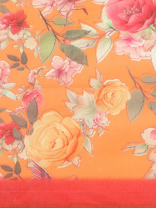 Orange Pure Cotton Printed Floral Saree with Unstitched Blouse - Hiral Fashion | Swadesiicart