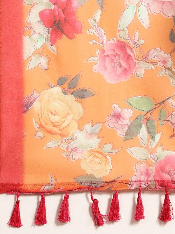 Orange Pure Cotton Printed Floral Saree with Unstitched Blouse - Hiral Fashion | Swadesiicart