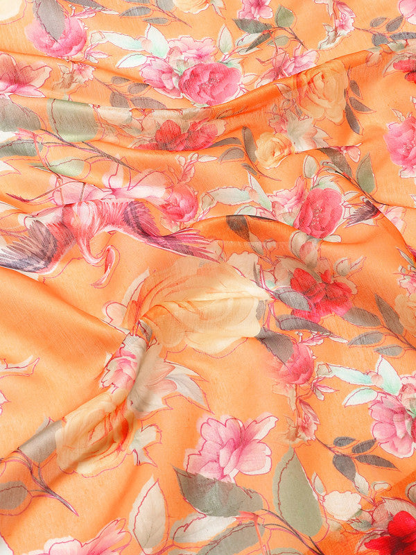 Orange Pure Cotton Printed Floral Saree with Unstitched Blouse - Hiral Fashion | Swadesiicart