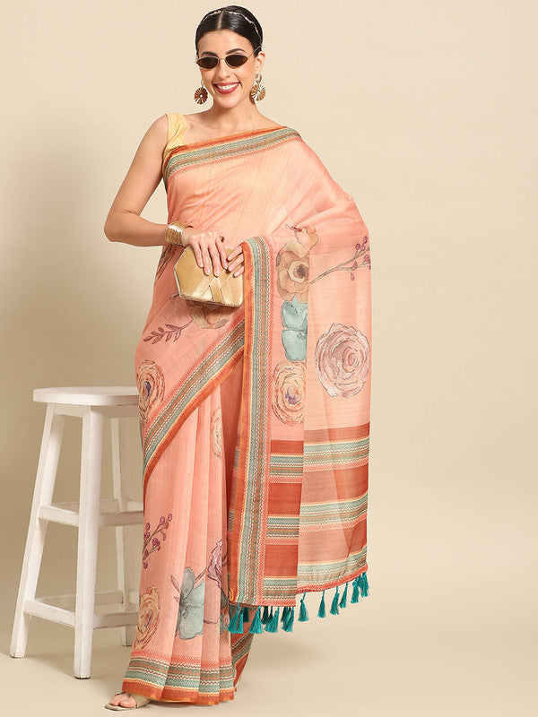 Peach Pure Cotton Printed Floral Saree with Unstitched Blouse - Hiral Fashion | Swadesiicart