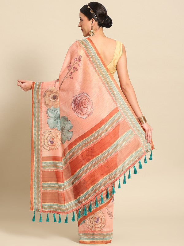 Peach Pure Cotton Printed Floral Saree with Unstitched Blouse - Hiral Fashion | Swadesiicart