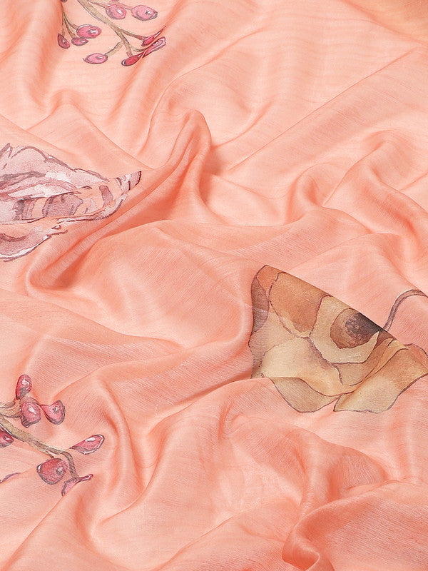 Peach Pure Cotton Printed Floral Saree with Unstitched Blouse - Hiral Fashion | Swadesiicart