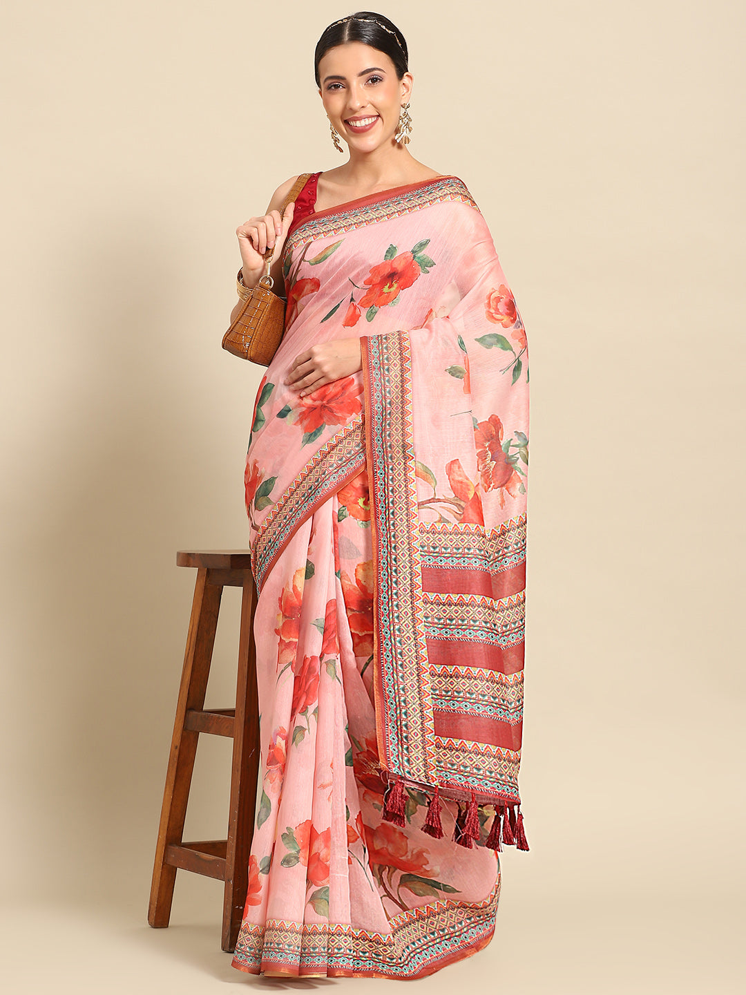 Pink Pure Cotton Printed Floral Saree with Unstitched Blouse - Hiral Fashion | Swadesiicart