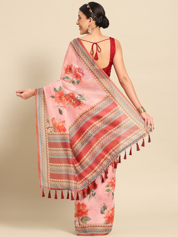 Pink Pure Cotton Printed Floral Saree with Unstitched Blouse - Hiral Fashion | Swadesiicart