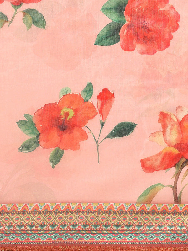 Pink Pure Cotton Printed Floral Saree with Unstitched Blouse - Hiral Fashion | Swadesiicart