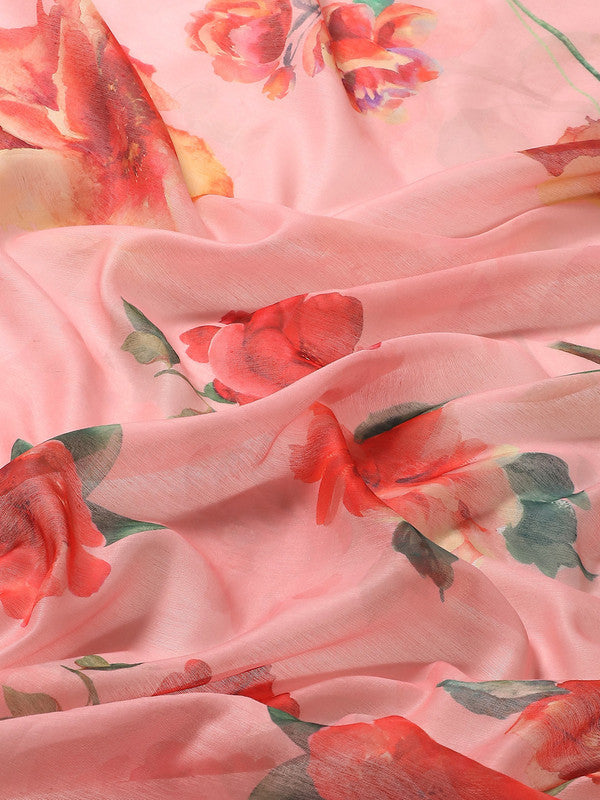 Pink Pure Cotton Printed Floral Saree with Unstitched Blouse - Hiral Fashion | Swadesiicart
