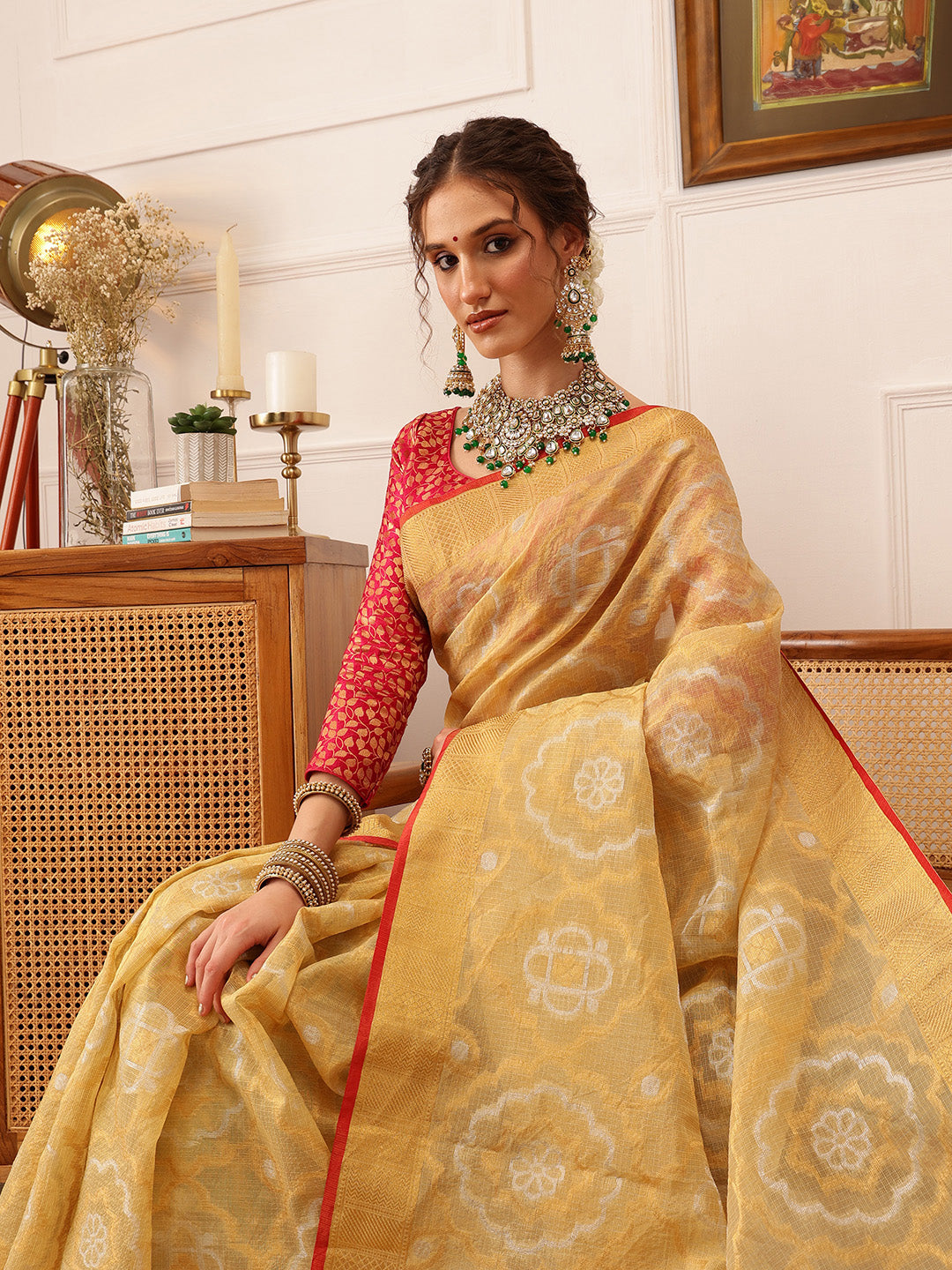 Hiral Fashion Beige Banarasi Kota Doria Woven Design Zari Woven Saree | Swadesiicart