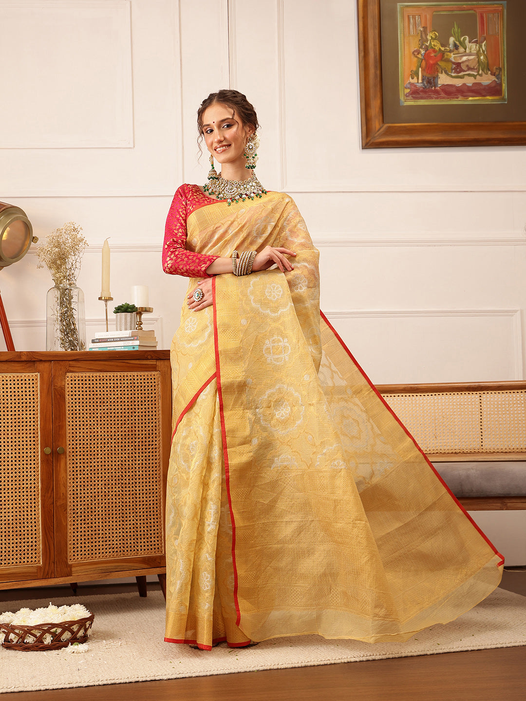 Hiral Fashion Beige Banarasi Kota Doria Woven Design Zari Woven Saree | Swadesiicart
