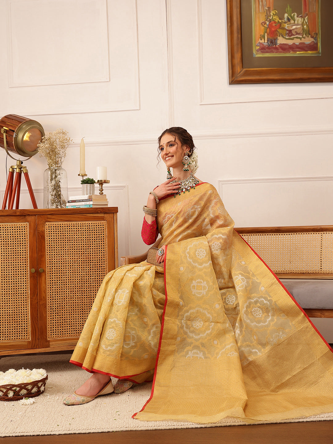 Hiral Fashion Beige Banarasi Kota Doria Woven Design Zari Woven Saree | Swadesiicart