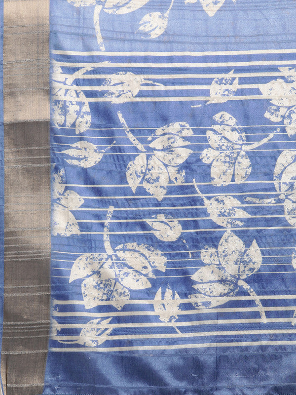 Blue Silk Blend Digital Print Floral Saree with Unstitched Blouse - Hiral Fashion | Swadesiicart