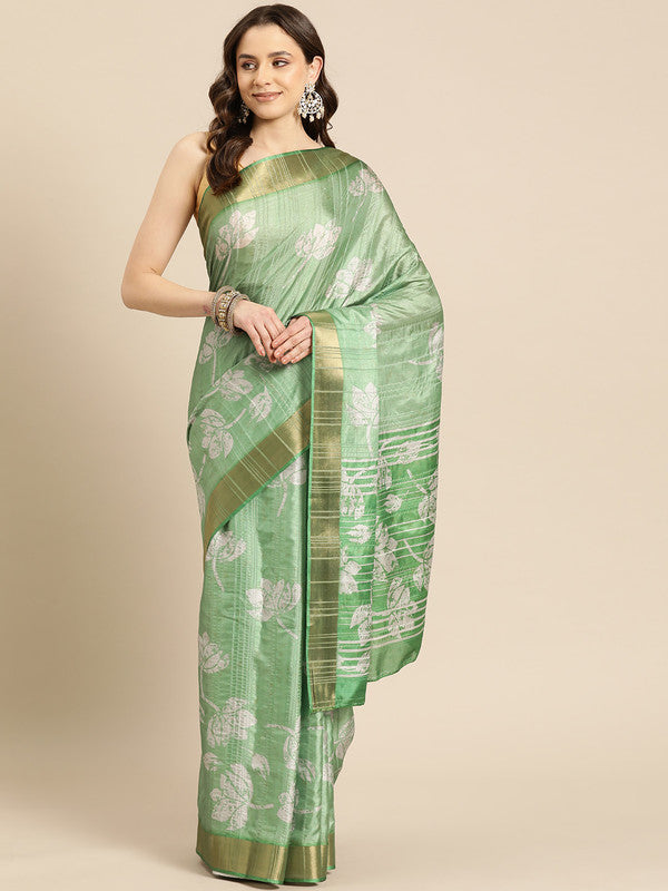 Green Silk Blend Digital Print Floral Saree with Unstitched Blouse - Hiral Fashion | Swadesiicart