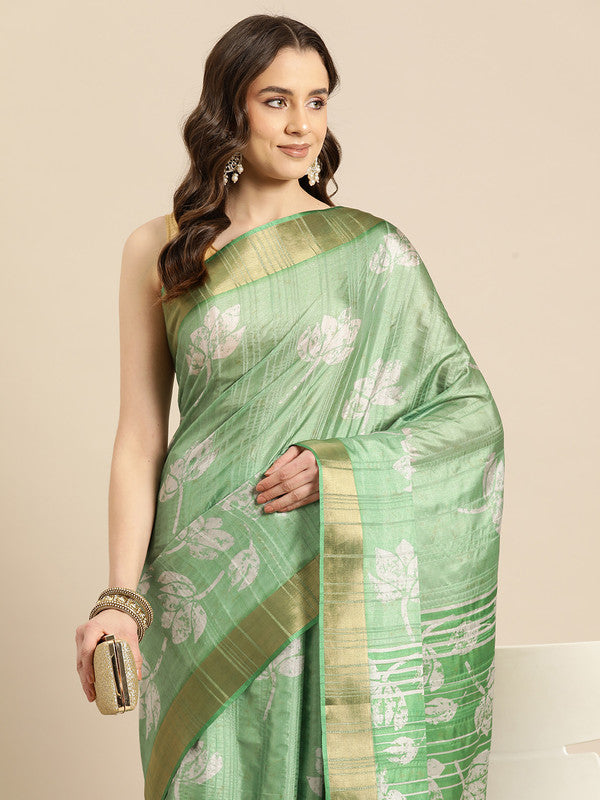 Green Silk Blend Digital Print Floral Saree with Unstitched Blouse - Hiral Fashion | Swadesiicart