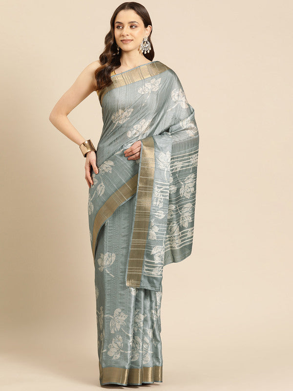 Gray Silk Blend Digital Print Floral Saree with Unstitched Blouse - Hiral Fashion | Swadesiicart