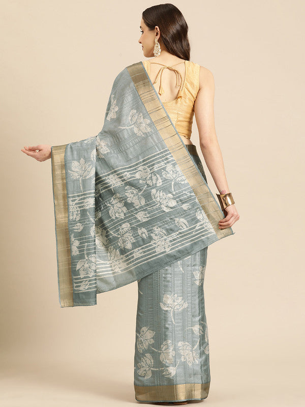 Gray Silk Blend Digital Print Floral Saree with Unstitched Blouse - Hiral Fashion | Swadesiicart