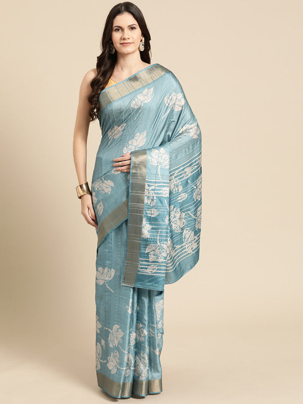 Turquoise Silk Blend Digital Print Floral Saree with Unstitched Blouse - Hiral Fashion | Swadesiicart