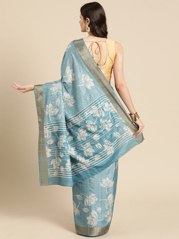 Turquoise Silk Blend Digital Print Floral Saree with Unstitched Blouse - Hiral Fashion | Swadesiicart
