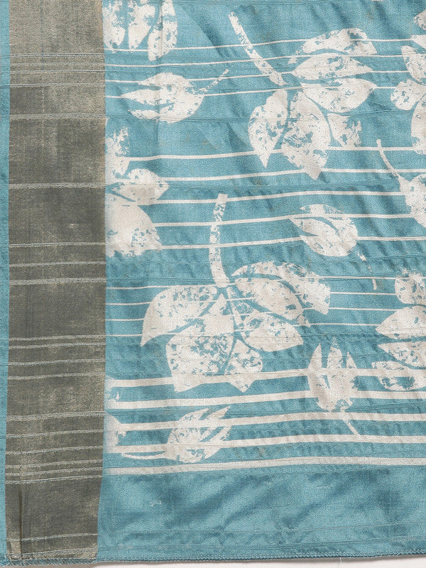 Turquoise Silk Blend Digital Print Floral Saree with Unstitched Blouse - Hiral Fashion | Swadesiicart