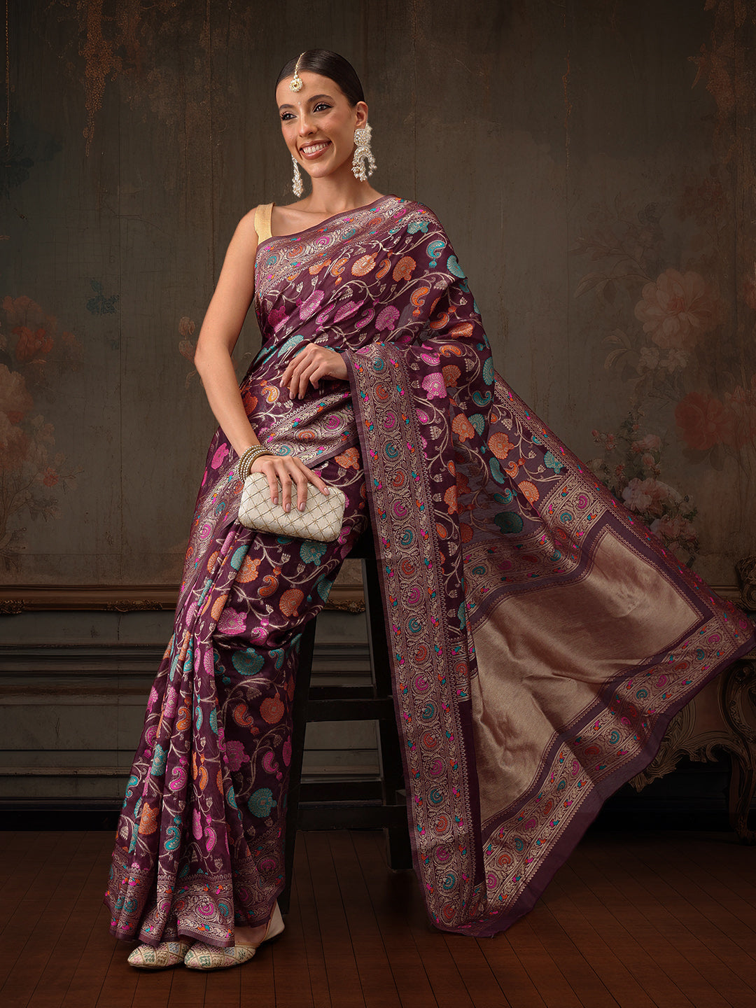 Hiral Fashion Purple Jamdani Cotton Floral Woven Thread Saree | Swadesiicart