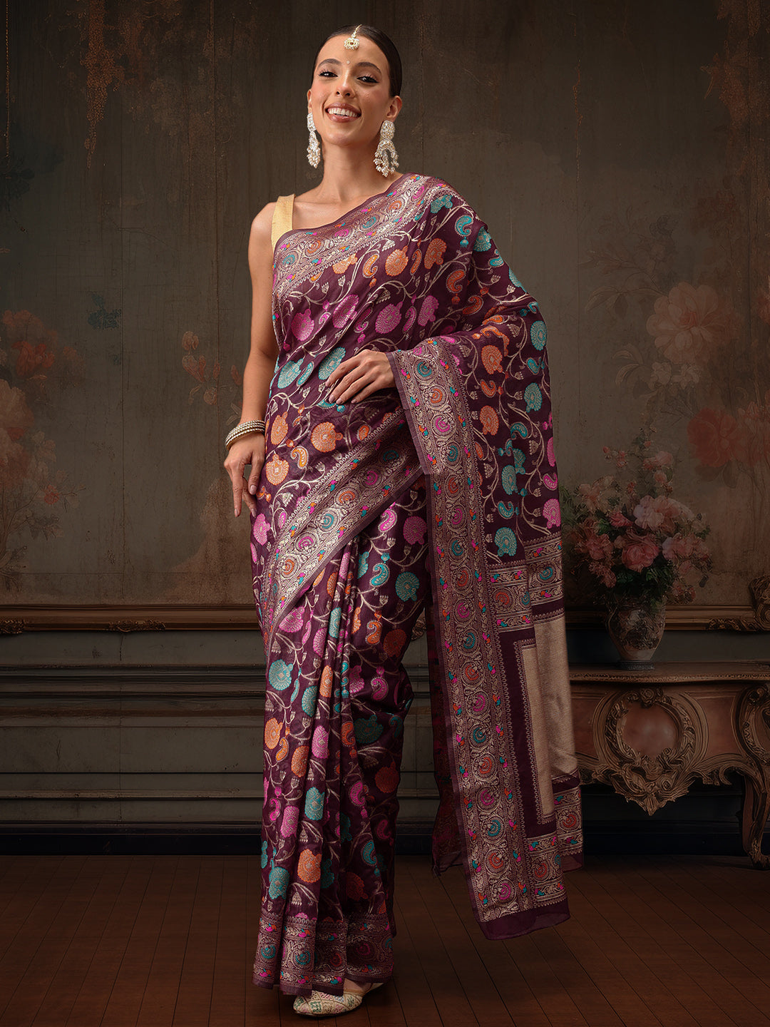 Hiral Fashion Purple Jamdani Cotton Floral Woven Thread Saree | Swadesiicart