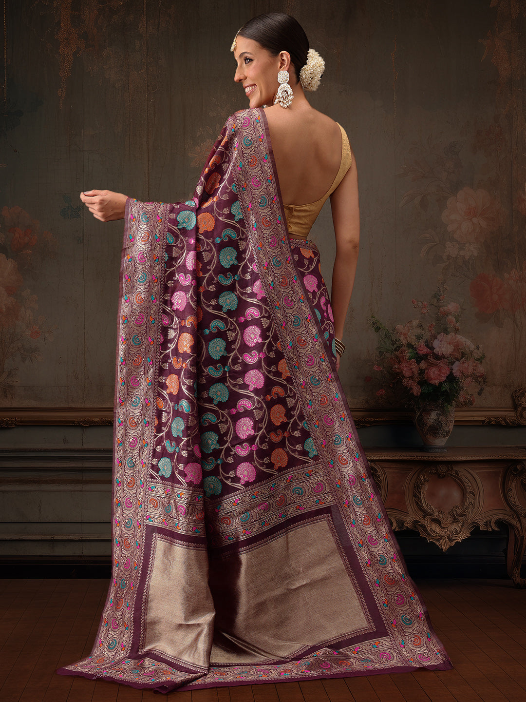 Hiral Fashion Purple Jamdani Cotton Floral Woven Thread Saree | Swadesiicart