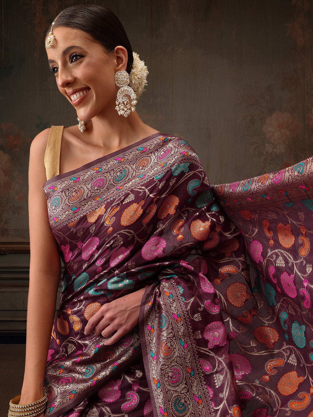 Hiral Fashion Purple Jamdani Cotton Floral Woven Thread Saree | Swadesiicart