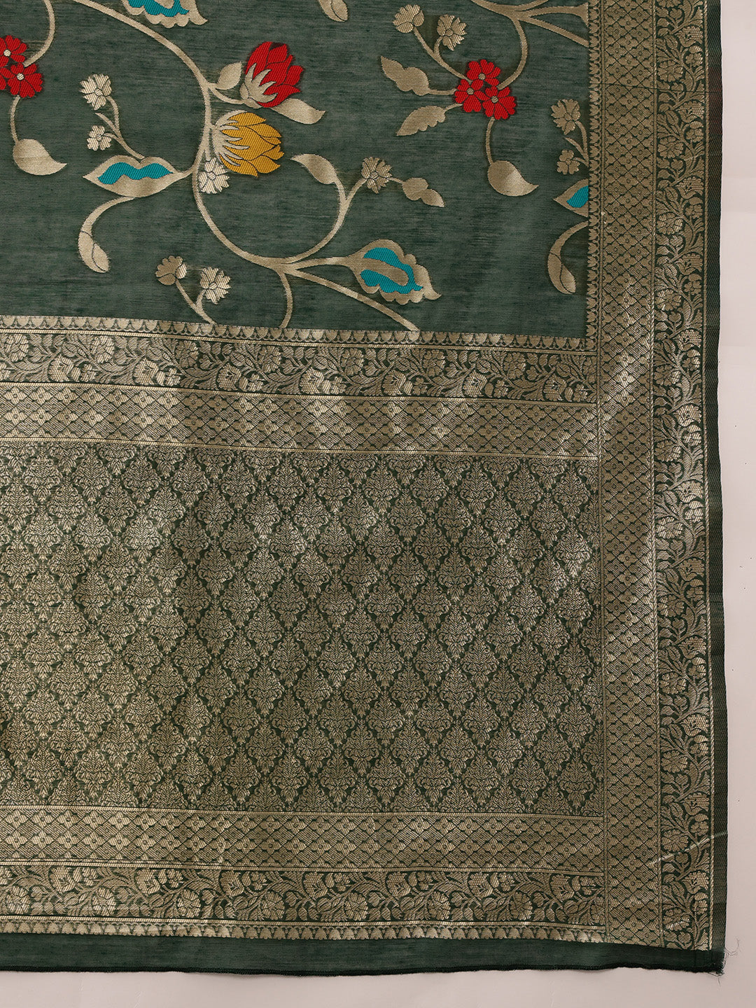 Hiral Fashion Green Jamdani Cotton Floral Woven Thread Saree | Swadesiicart