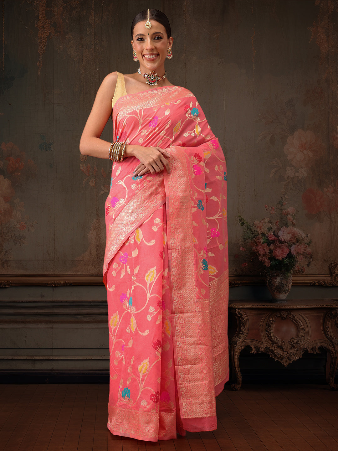 Hiral Fashion Pink Jamdani Cotton Floral Woven Thread Saree | Swadesiicart