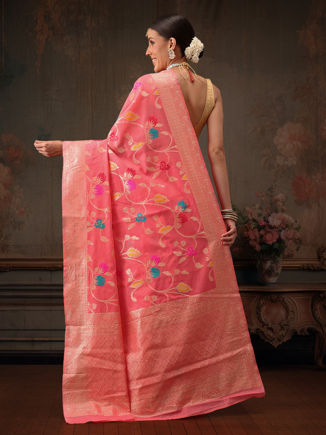 Hiral Fashion Pink Jamdani Cotton Floral Woven Thread Saree | Swadesiicart