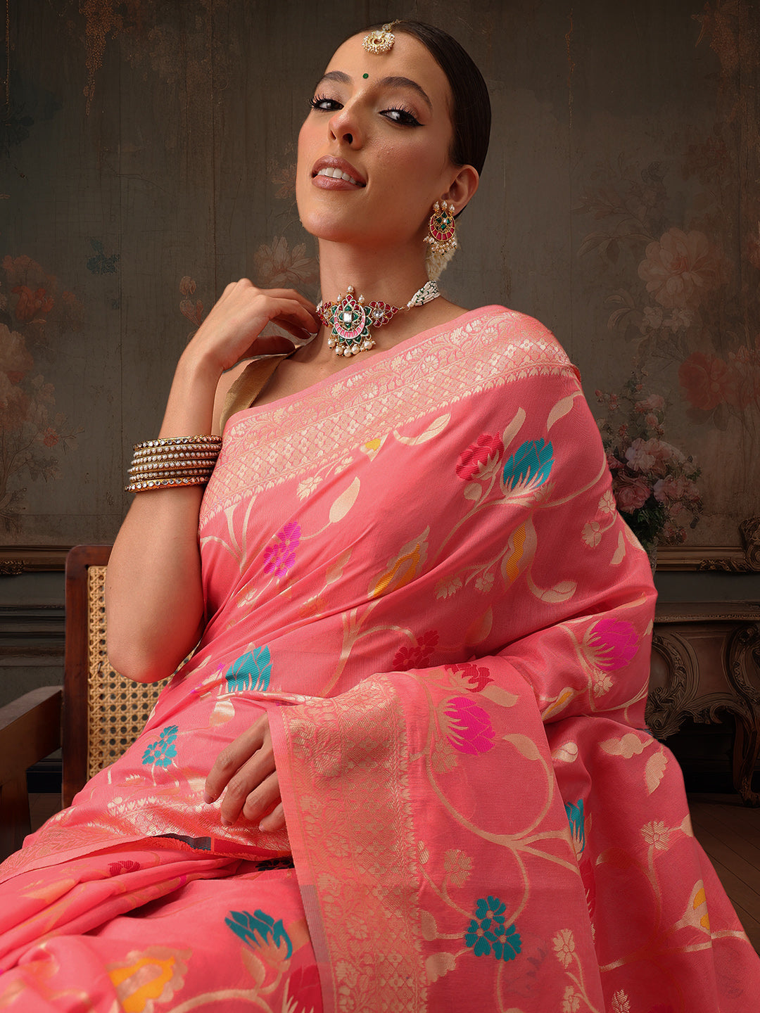 Hiral Fashion Pink Jamdani Cotton Floral Woven Thread Saree | Swadesiicart