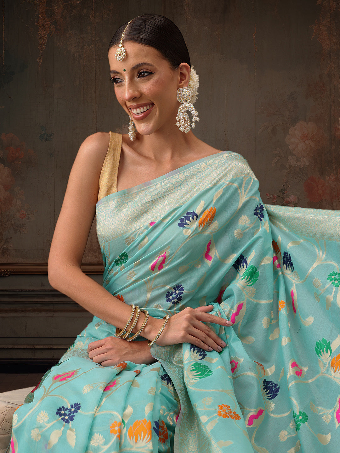Hiral Fashion Teal Jamdani Cotton Floral Woven Thread Saree | Swadesiicart