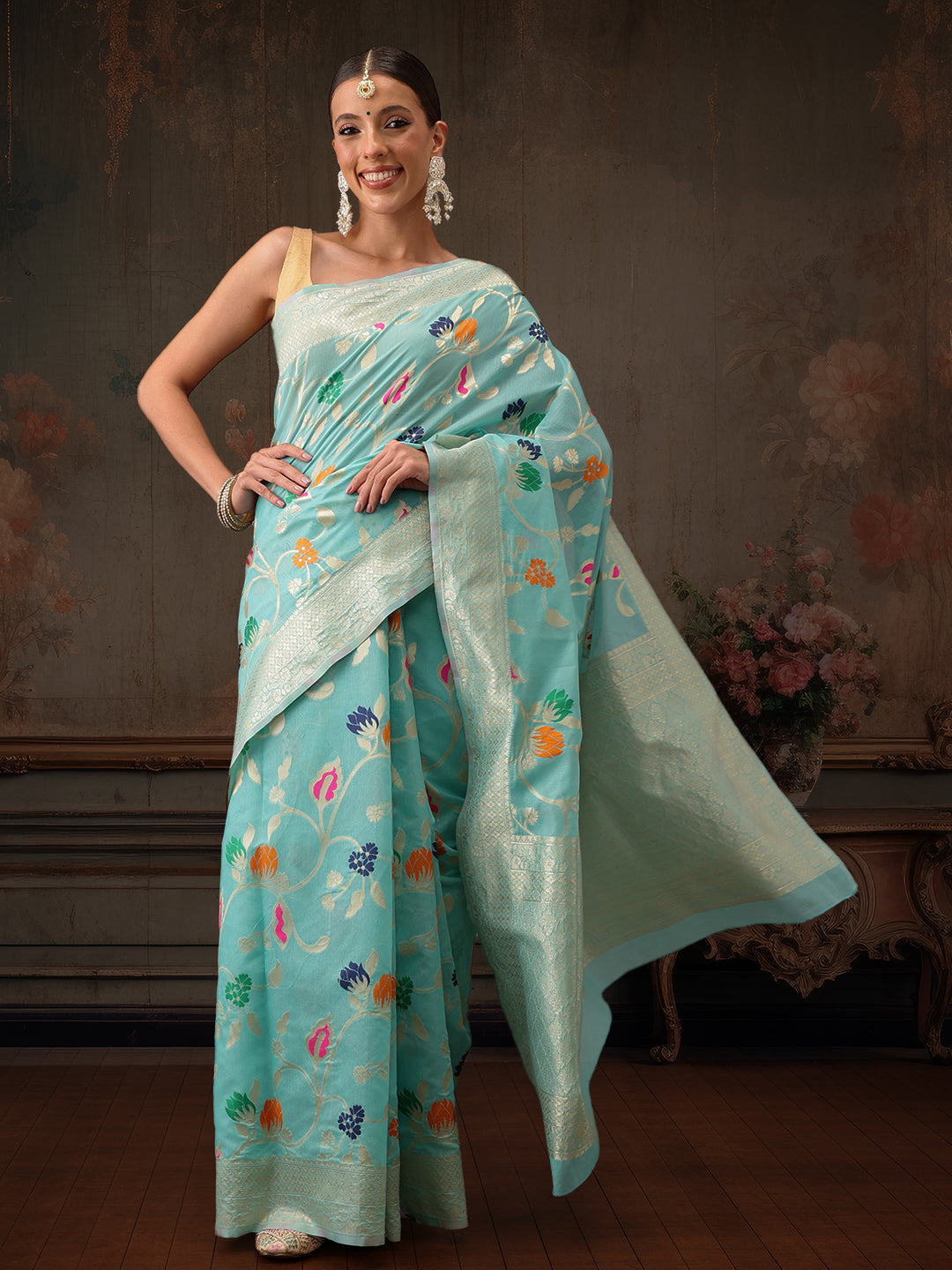 Hiral Fashion Teal Jamdani Cotton Floral Woven Thread Saree | Swadesiicart