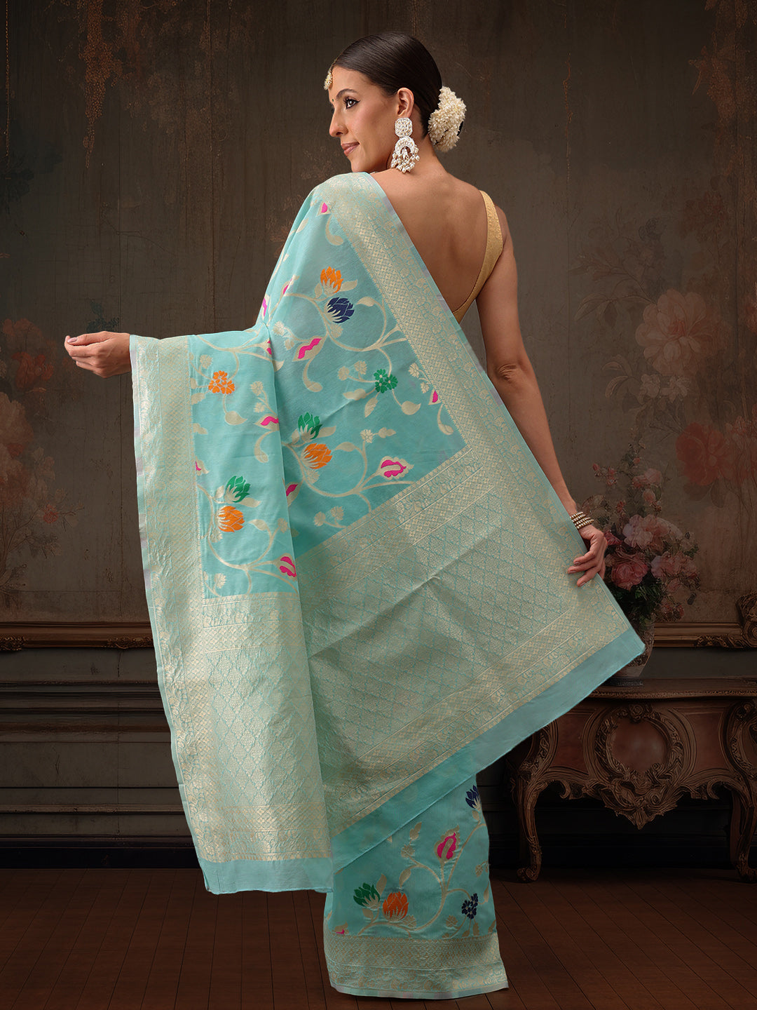 Hiral Fashion Teal Jamdani Cotton Floral Woven Thread Saree | Swadesiicart