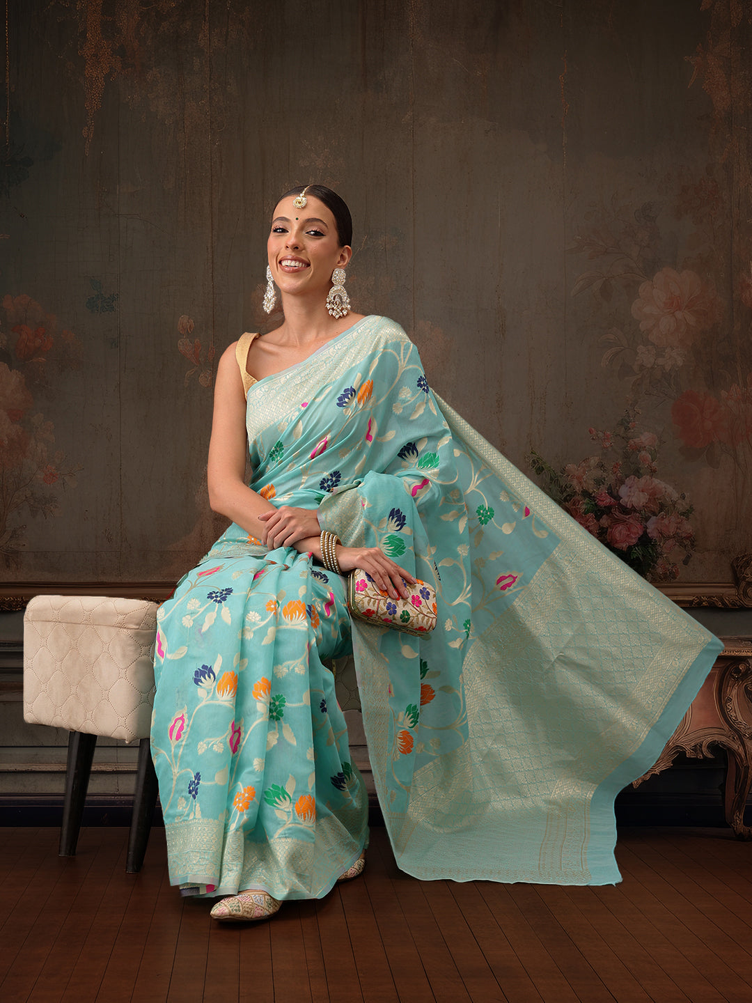 Hiral Fashion Teal Jamdani Cotton Floral Woven Thread Saree | Swadesiicart