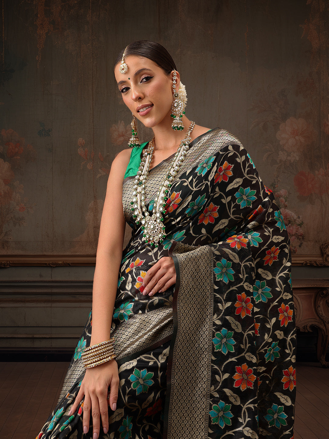 Hiral Fashion Black Jamdani Cotton Floral Woven Thread Saree | Swadesiicart