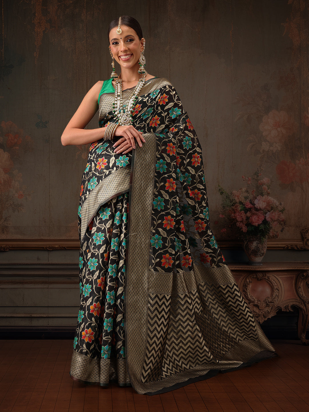 Hiral Fashion Black Jamdani Cotton Floral Woven Thread Saree | Swadesiicart