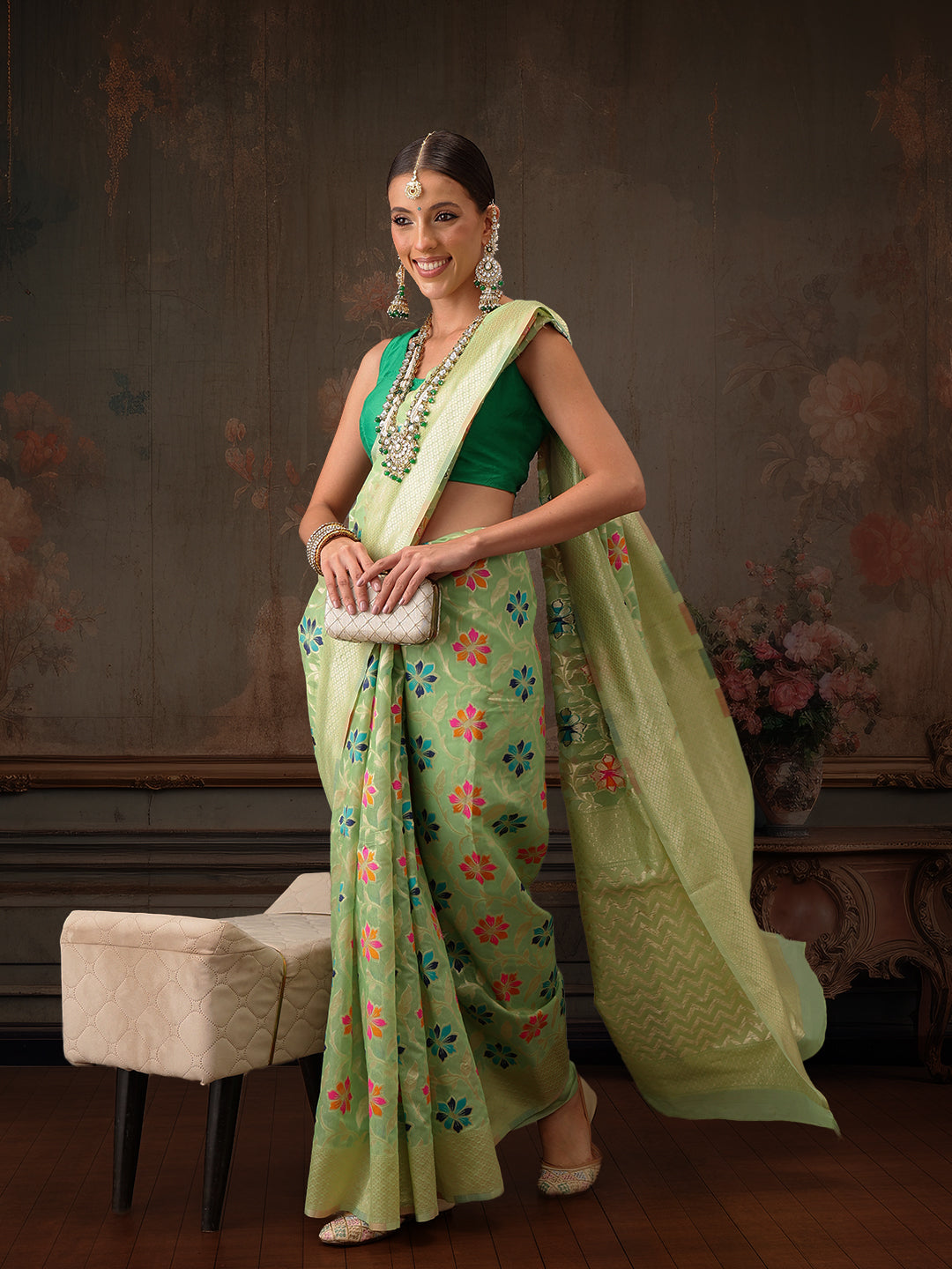 Hiral Fashion Lime Green Jamdani Cotton Floral Woven Thread Saree | Swadesiicart