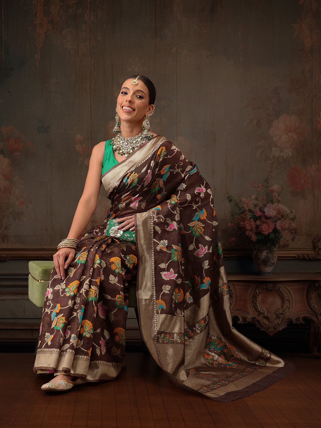 Hiral Fashion Brown Jamdani Cotton Floral Woven Thread Saree | Swadesiicart