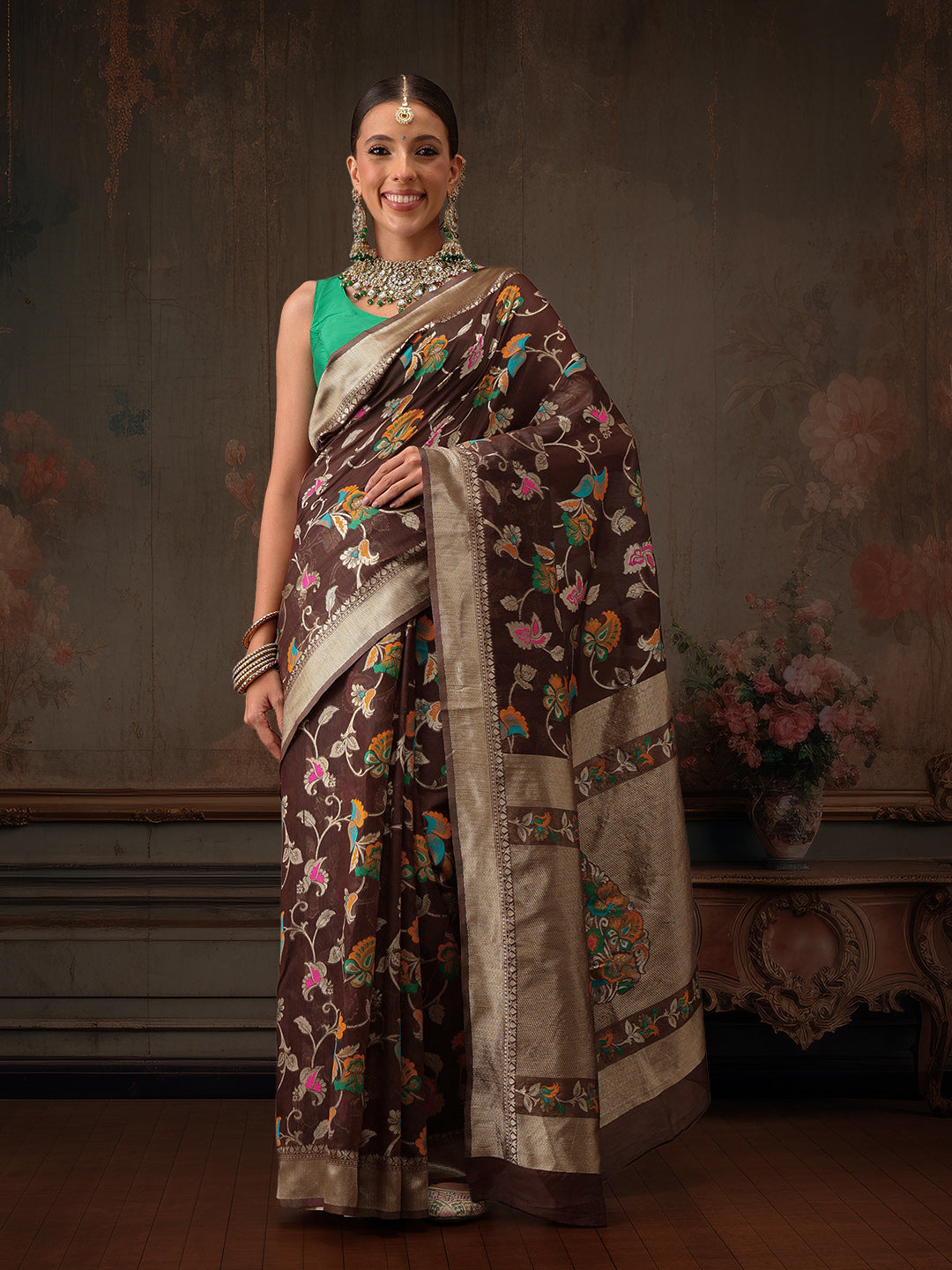 Hiral Fashion Brown Jamdani Cotton Floral Woven Thread Saree | Swadesiicart