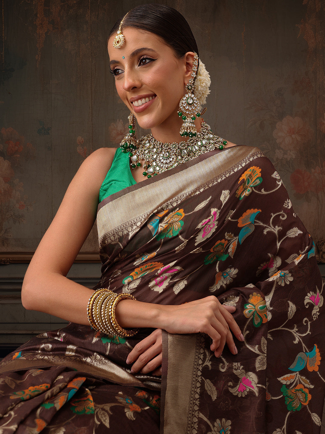 Hiral Fashion Brown Jamdani Cotton Floral Woven Thread Saree | Swadesiicart