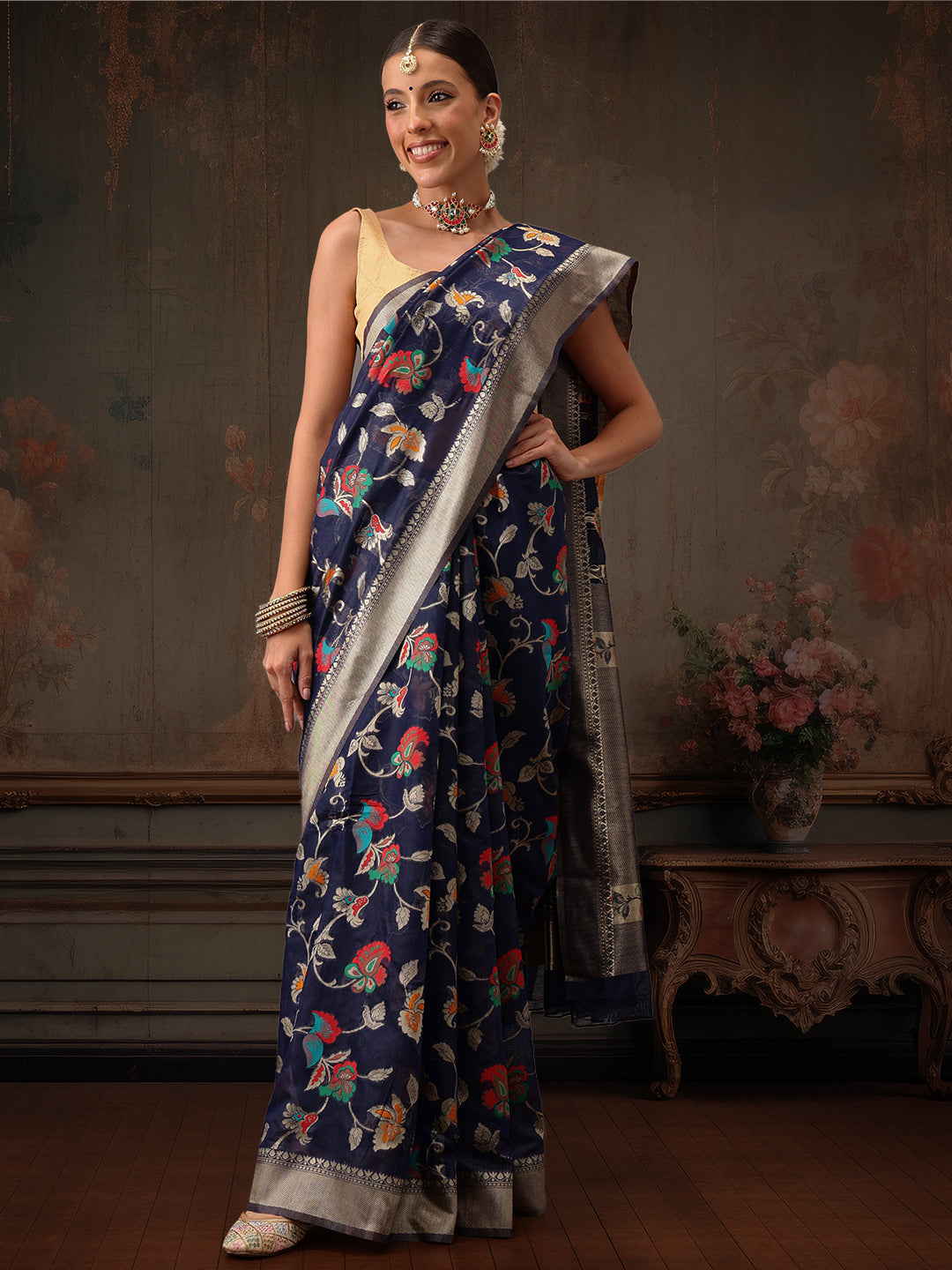 Hiral Fashion Navy Blue Jamdani Cotton Floral Woven Thread Saree | Swadesiicart