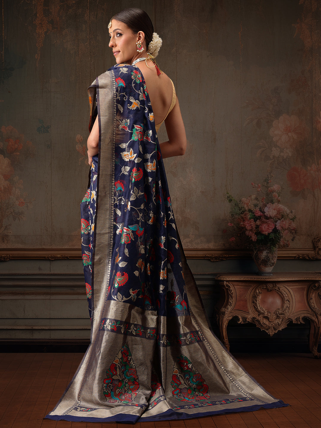 Hiral Fashion Navy Blue Jamdani Cotton Floral Woven Thread Saree | Swadesiicart