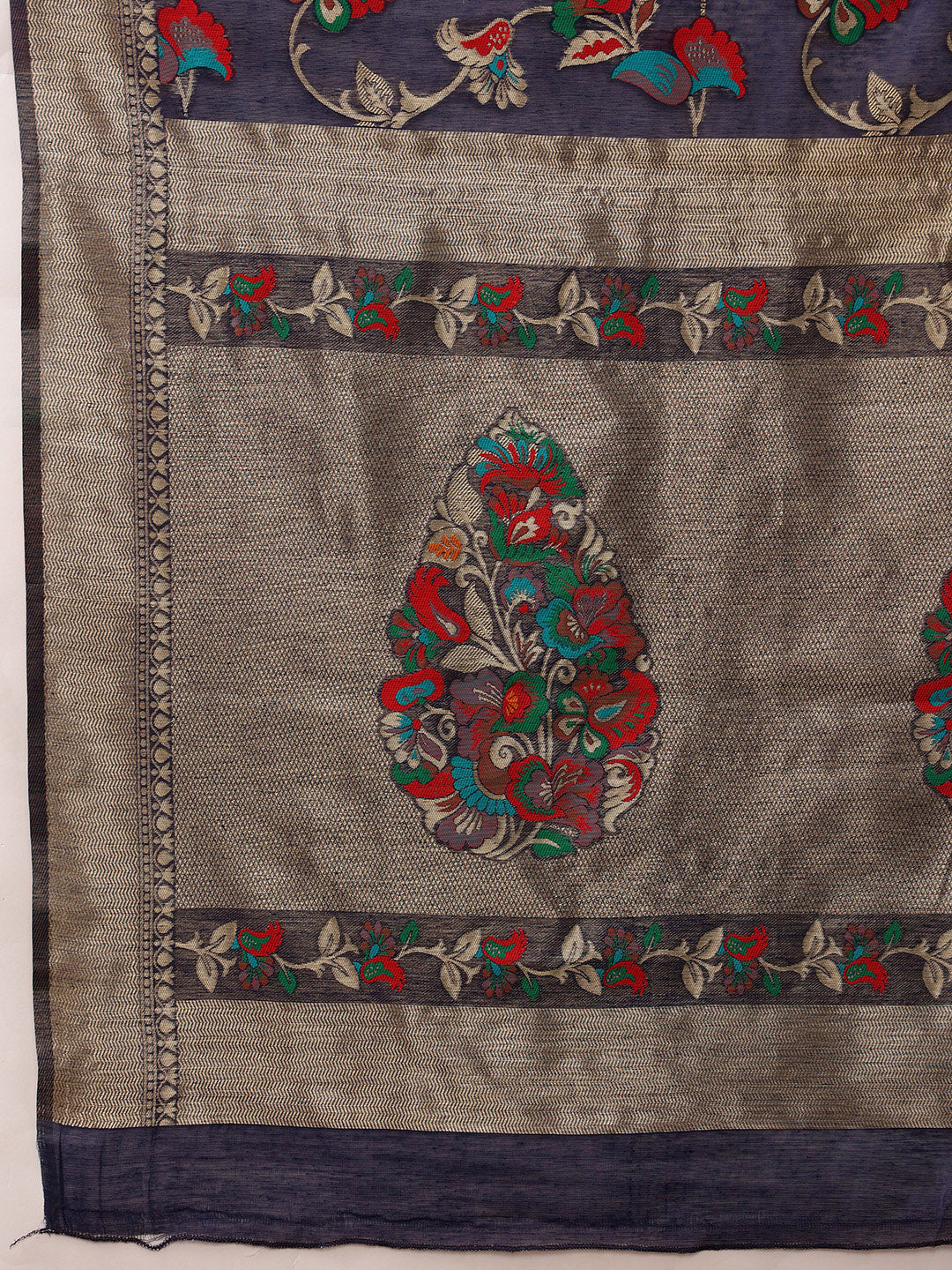 Hiral Fashion Navy Blue Jamdani Cotton Floral Woven Thread Saree | Swadesiicart