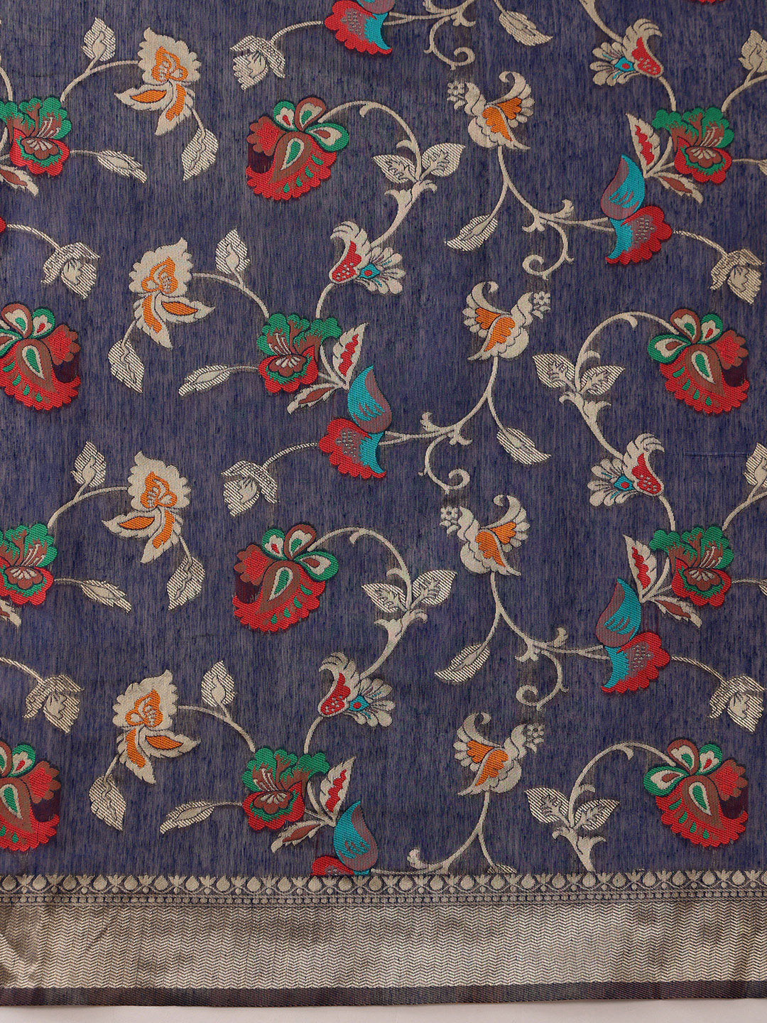 Hiral Fashion Navy Blue Jamdani Cotton Floral Woven Thread Saree | Swadesiicart