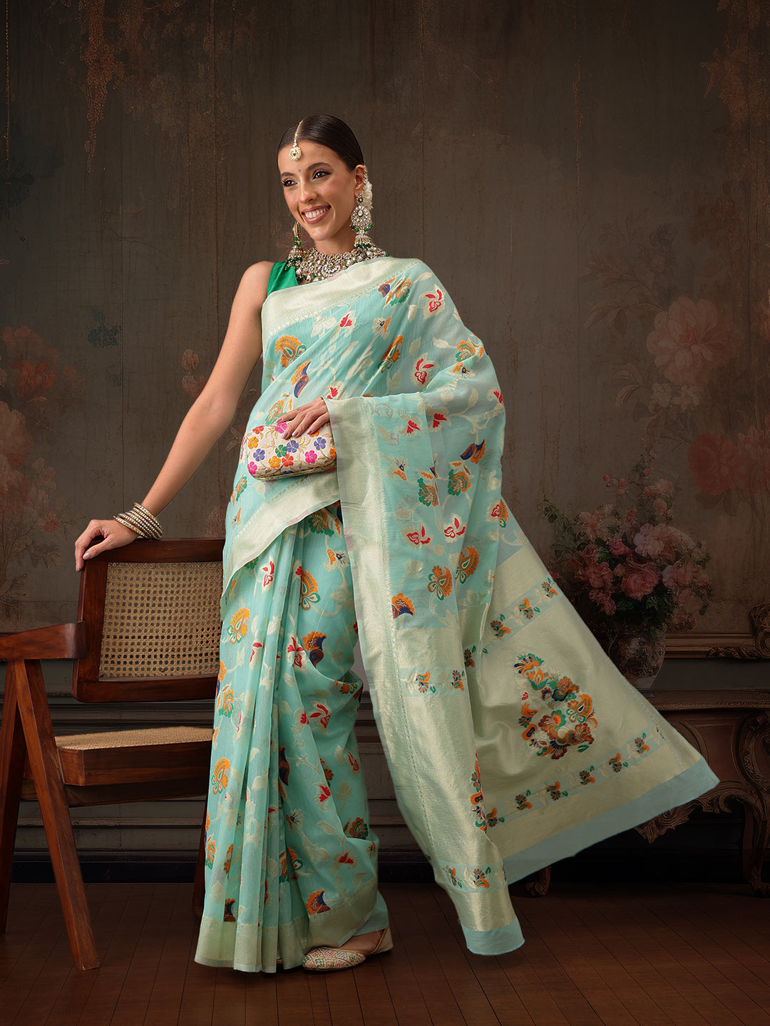 Hiral Fashion Teal Jamdani Cotton Floral Woven Thread Saree | Swadesiicart