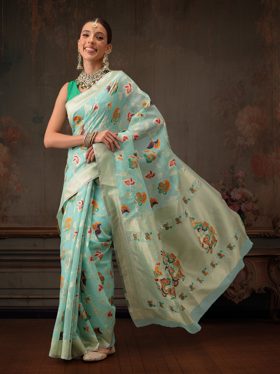 Hiral Fashion Teal Jamdani Cotton Floral Woven Thread Saree | Swadesiicart