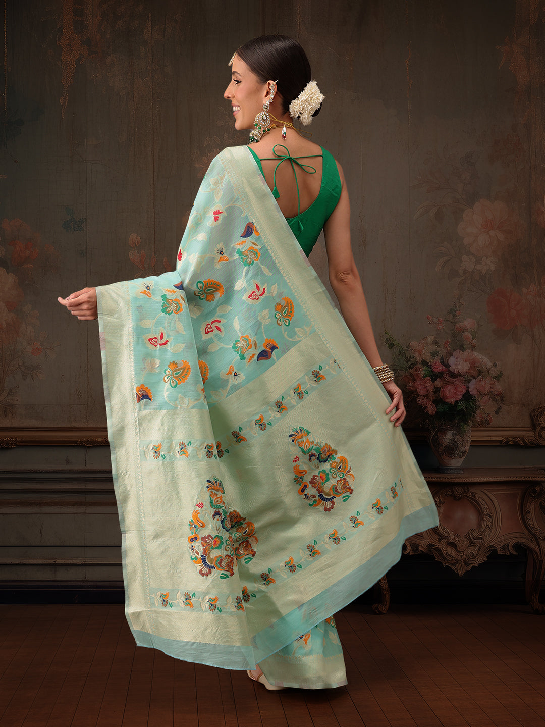 Hiral Fashion Teal Jamdani Cotton Floral Woven Thread Saree | Swadesiicart