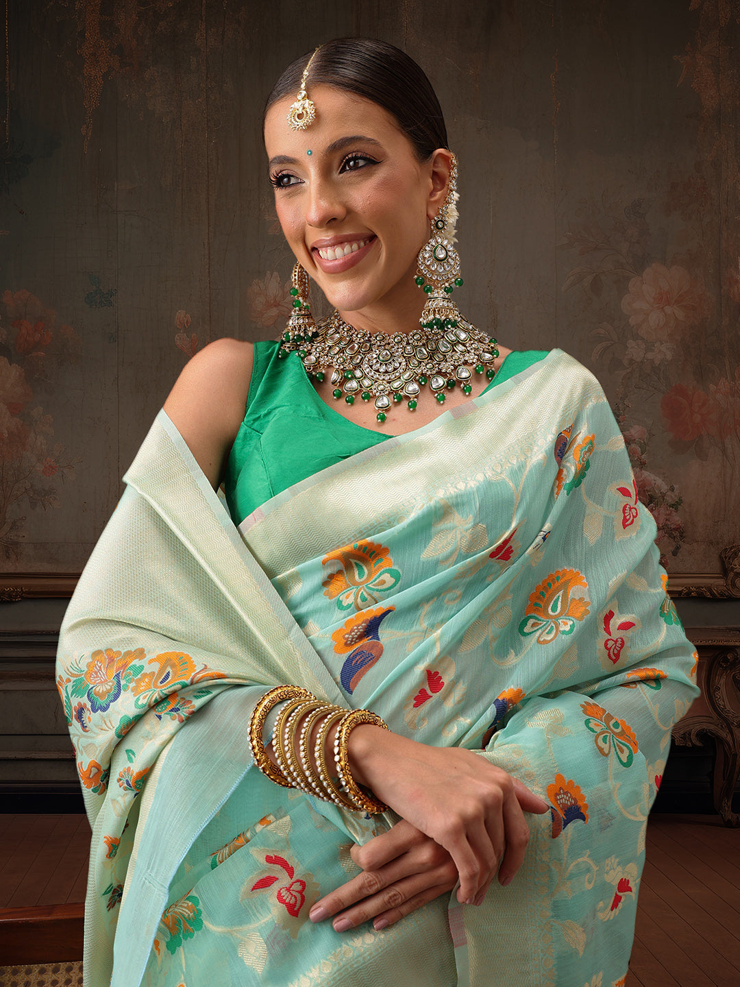 Hiral Fashion Teal Jamdani Cotton Floral Woven Thread Saree | Swadesiicart