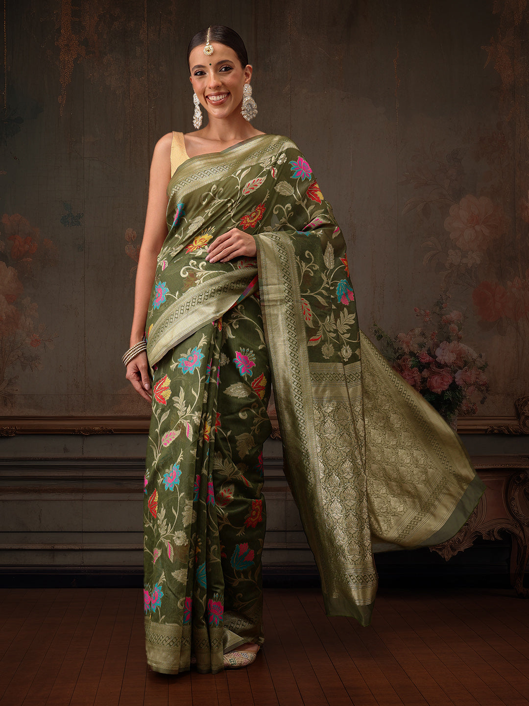 Hiral Fashion Green Jamdani Cotton Floral Woven Thread Saree | Swadesiicart