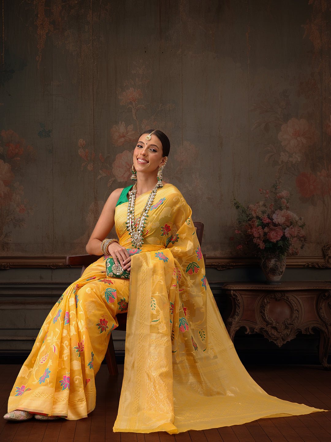 Hiral Fashion Mustard Jamdani Cotton Floral Woven Thread Saree | Swadesiicart